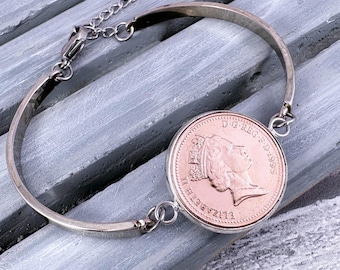 30th Birthday Personalised Engraved Year 1996 British Penny Coin Cuff Bracelet. Unique Birthday Keepsake