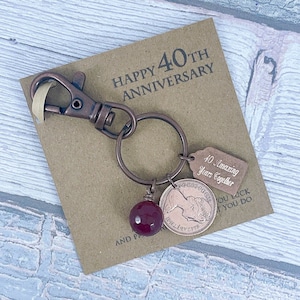 40th Wedding Anniversary Keepsake, Year 1985 British Penny Coin Keyring, Ruby Anniversary