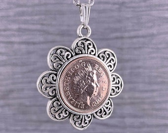 16th Birthday Penny Coin Flower Pendant, Year 2008 One Pence Coin Keepsake, British Coin Necklace