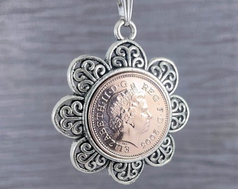 18th Birthday Penny Coin Flower Pendant, Year 2006 One Pence Coin Keepsake, British Coin Necklace