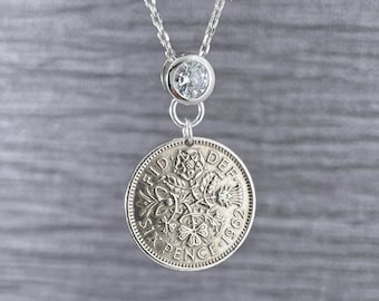 60th Birthday Year 1964 Lucky Sixpence Coin Cubic Zirconia Sterling Silver Bail Pendant Necklace, Unique Birthday Keepsake