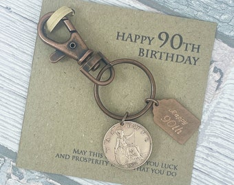 90th Birthday Keepsake Gift, Year 1934 British Farthing Coin Keyring, Add-On Engraving