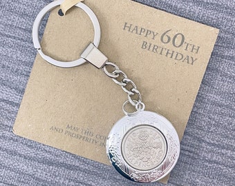 60. Geburtstag Sixpence Andenken, Jahr 1964 Vintage Glück Sixpence Locket Keyring, Sixpence Andenken, British Coin Keyring