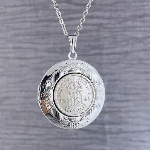 Year 1944 Vintage Lucky Sixpence Locket Necklace, 80th Birthday Keepsake, Sixpence Keepsake, British Coin Necklace, Add-On Engraving