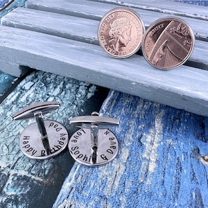Dated 1971 to 2025 Personalised Engraved Lucky Penny Coin Cufflinks, Birthday Coin Cufflinks, Heads and Tails Cufflinks