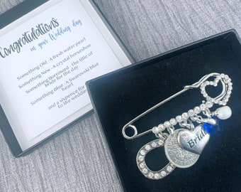 Bridal Charm Pin: Wedding Keepsake, Something Old New Blue, Sixpence Bridal Charm