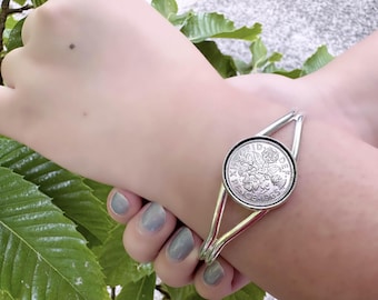 Lucky Sixpence Coin Bangle Bracelet: British Keepsake Jewelry (1922-1970 Dates Available)