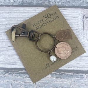 30th Wedding Anniversary Keepsake, Year 1995 British Penny Coin Keyring, Pearl Anniversary