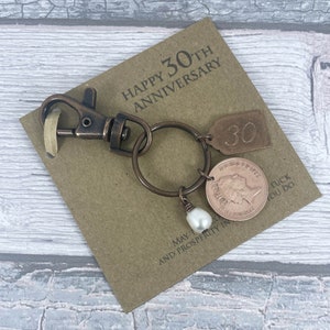 30th Wedding Anniversary Keepsake, Year 1994 British Penny Coin Keyring, Pearl Anniversary