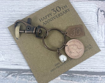 30th Wedding Anniversary Keepsake, Year 1994 British Penny Coin Keyring, Pearl Anniversary