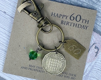 60th Birthday Andenken, Jahr 1964 British Threepence Münze Birthstone Schlüsselanhänger, Happy 60th, Add-On Gravur