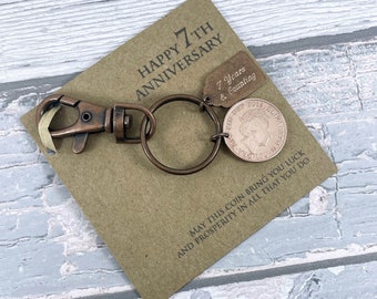 7th Anniversary Keepsake Gift, Year 2017 British Penny Coin Keyring, Copper Anniversary, 7 Years & Counting. Add-On Engraving