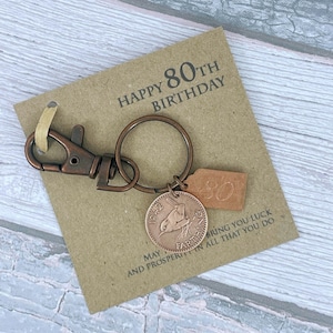 80th Birthday Keepsake Gift, Year 1945 British Farthing Coin Keyring, Happy 80th, Add-On Engraving