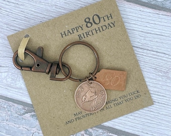 80th Birthday Keepsake Gift, Year 1944 British Farthing Coin Keyring, Happy 80th, Add-On Engraving