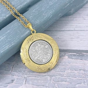 Collier médaillon porte-bonheur vintage année 1935, souvenir du 90e anniversaire, souvenir de six pence, collier pièce de monnaie britannique, gravure complémentaire
