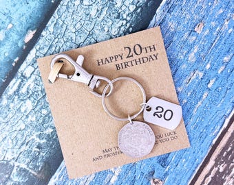 20th Birthday Keepsake Gift, Year 2006 British Twenty Pence Coin Keyring. Add-On Engraving.