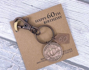 1966 Britischer Half Penny Schlüsselanhänger als Schlüsselanhänger: Geschenk zum Geburtstag mit Gravur
