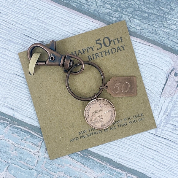 50th Birthday Keepsake Gift, Year 1974 British Penny Coin Keyring, Add-On Engraving