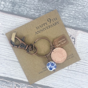 9th Anniversary Keepsake Gift, Year 2016 British Penny Coin Keyring, Pottery Anniversary, 9 Amazing Years Together, Add-On Engraving