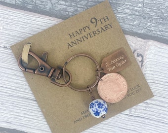 9th Anniversary Keepsake Gift, Year 2015 British Penny Coin Keyring, Pottery Anniversary, 9 Amazing Years Together, Add-On Engraving