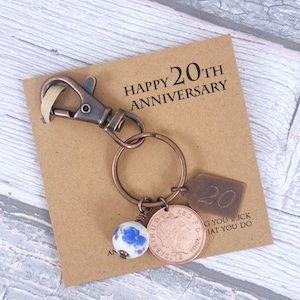 20th Anniversary Keepsake Gift, Year 2005 British Penny Coin Keyring, 20th Year China, 20 Years Together
