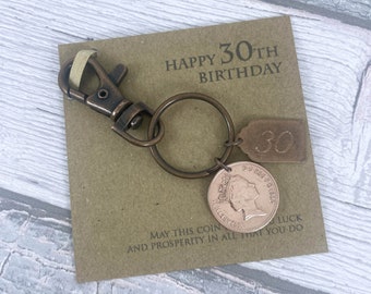 30th Birthday Keepsake Gift, Year 1996 British Penny Coin Keyring, Add-on Engraving.