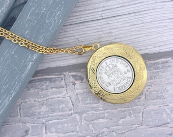 Year 1946 Sixpence Locket Necklace: 80th Birthday Gift, Lucky British Coin