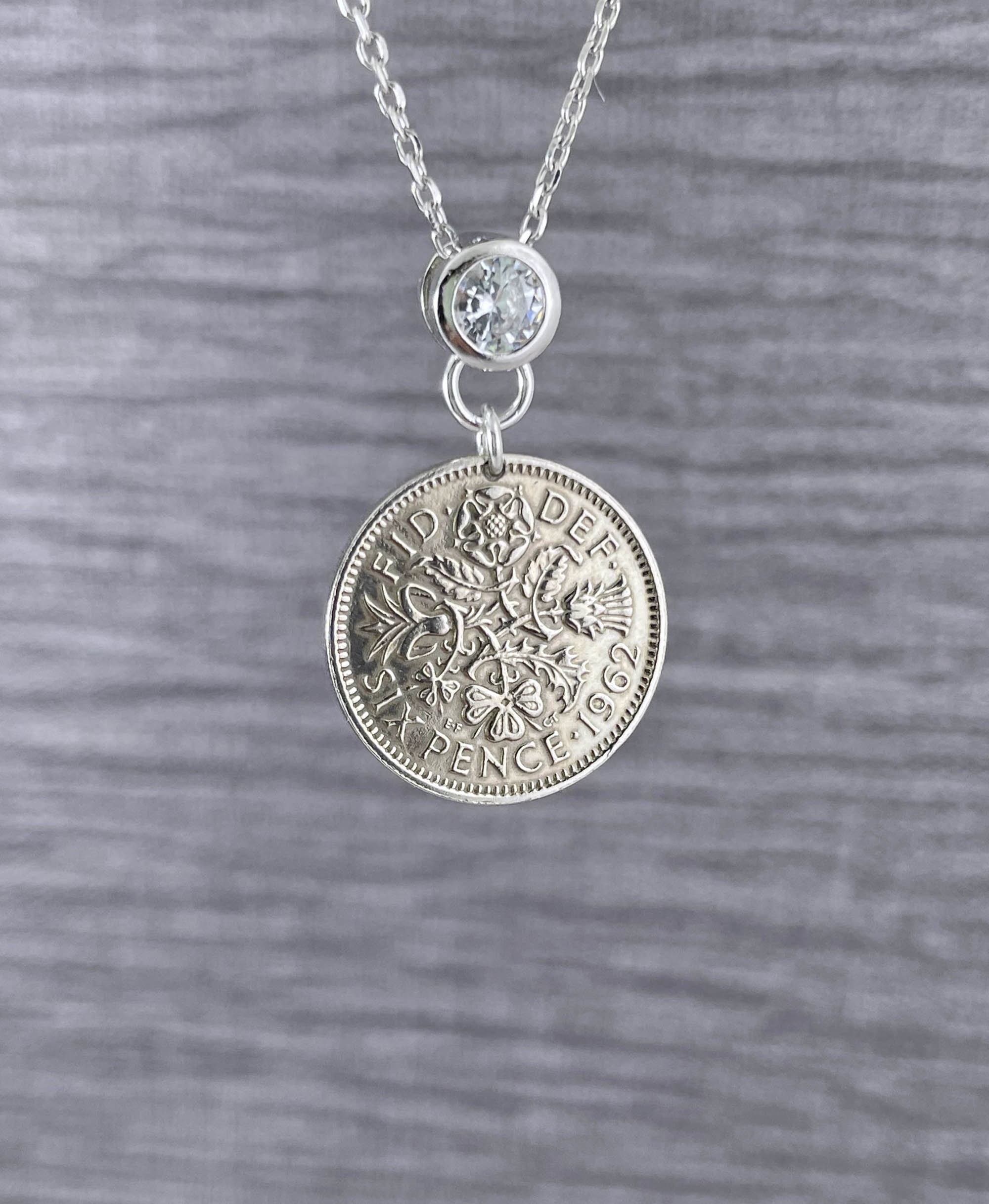 60th Birthday Year 1965 Lucky Sixpence Coin Cubic Zirconia Sterling Silver Bail Pendant Necklace, Unique Birthday Keepsake