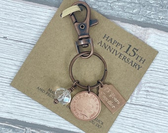 15th Anniversary Keyring: 2011 British Penny, Engraved Charm
