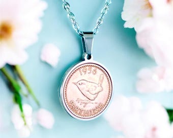 70th Birthday Personalised Engraved Year 1956 British Farthing Coin Necklace, Unique Birthday Keepsake