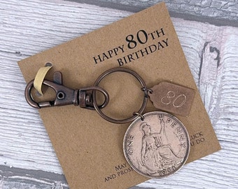 Year 1944 British Penny Coin Keyring, 80th Birthday Keepsake Gift, 80 and Fabulous, Birthday Handbag Charm, Add-On Engraving