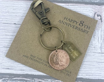 Regalo de recuerdo del octavo aniversario, llavero con moneda de centavo británica del año 2016, bronce de 8 años, 8 años abajo para siempre