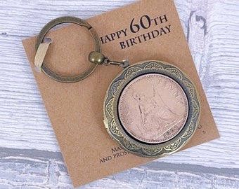 Year 1964 Penny Large Locket Keyring, 60th Birthday Lucky Coin Keepsake, British Coin Keyring, Add-On Engraving, 60 and Fabulous