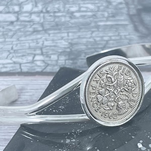 60th Birthday Sixpence Keepsake Gift, Year 1965 British Sixpence Coin Bangle Bracelet
