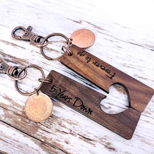Pair of Anniversary Keyring, Dated 1971 to 2025 British Penny Coin Keyring, Couples Anniversary Keepsake Gift, Engraved Keychain.