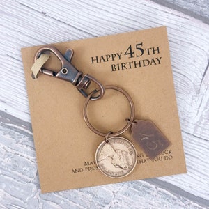 May include: A brown card with the text "Happy 45th Birthday" and a copper-colored keychain with a coin and a tag. The coin has the text "One Pound" and the tag has the number "45" on it.