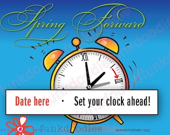 Spring Forward Clip Art for Daylight Savings Time Begins; March 10 2024 DST; Hand Drawn Alarm Clock Doodle Illustration; SET CLOCK Ahead