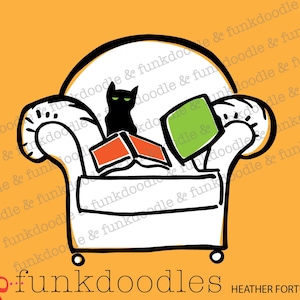 Comfy Armchair with Doodle Cat and Pillows;  Illustration for cards, print, pattern;