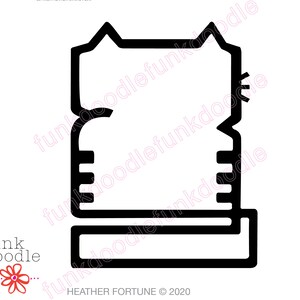 May include: Black and white line art illustration of a cat sitting on a bed. The cat has a simple design with large ears and a round body.