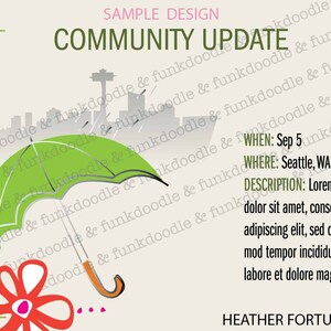 Op de afbeelding: Een groene paraplu met een bruine handgreep en een rode bloem met een roze hart. De tekst luidt "WHEN: Sep 5", "WHERE: Seattle, WA" en "DESCRIPTION: Lorem ipsum dolor sit amet, consectetur adipiscing elit, sed do eiusmod tempor incididunt ut labore et dolore magna". De tekst "HEATHER FORTUNE © 2020" staat onderaan de afbeelding.