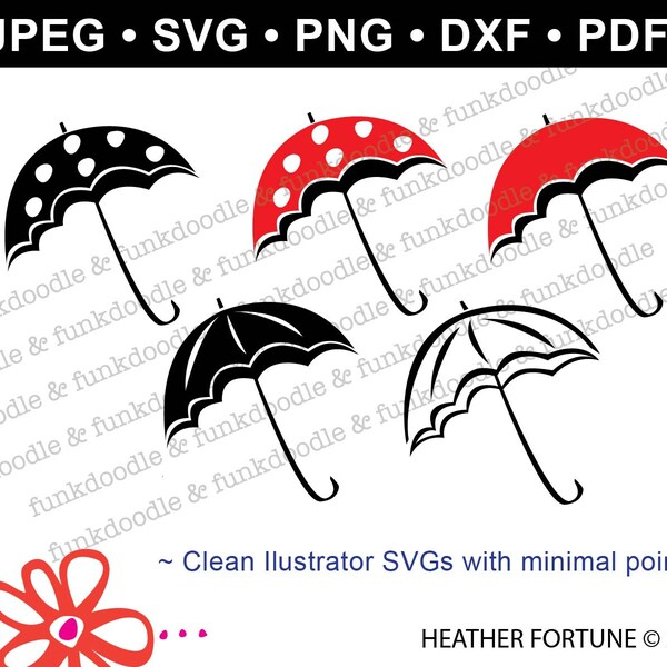 Stylized Umbrella Silhouette Clipart Bundle for Cricut cut file saved as vector, PNG, SVG, JPG, dxf; red, polka dot and black; April showers