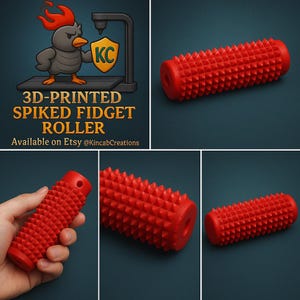 May include: A red 3D-printed spiked fidget roller. The roller is covered in evenly spaced, sharp, triangular spikes. The image also includes a logo with a cartoon chicken and the text "3D-PRINTED SPIKED FIDGET ROLLER".