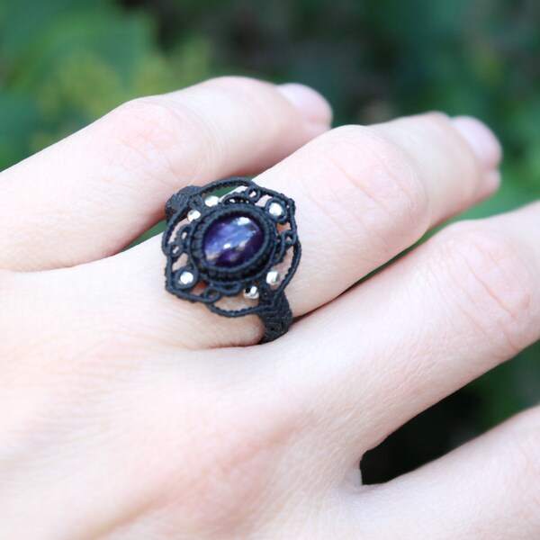 Anillo macramé negro Amatista