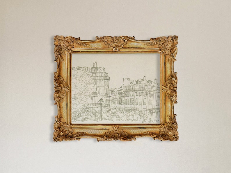 paris city sketch print in gold frame