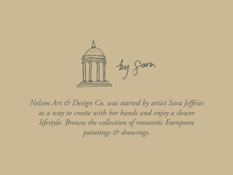 May include: Tan background with a sketch of a classical building and the words "by Sara." Text below reads "Nelson Art & Design Co. was started by artist Sara Jeffries...Browse the collection of romantic European paintings & drawings."