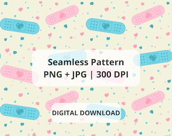 Kawaii Bandaid Seamless Pattern | Pastel Medical Hearts (Digital Paper)