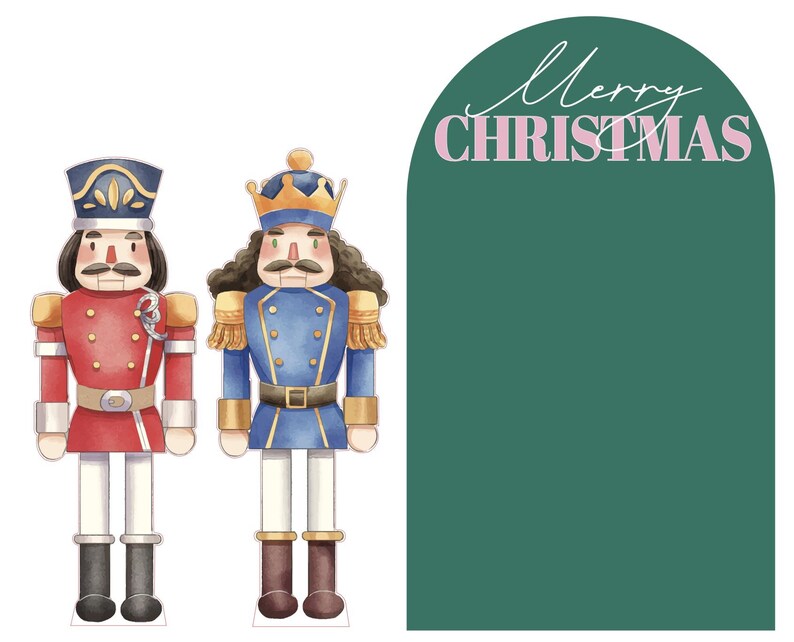 May include: Watercolor illustration of two toy nutcrackers, one in a red uniform and the other in blue. The red nutcracker has a black hat and the blue one has a gold crown. A green arch with the words "Merry Christmas" in white and pink is on the right.