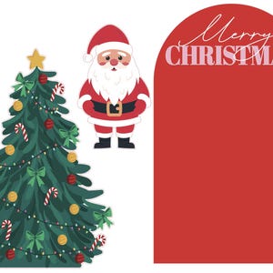 May include: A festive Christmas-themed illustration featuring a decorated green Christmas tree with ornaments, bows, and candy canes. A cartoon Santa Claus stands nearby. A red arch displays the words "Merry Christmas" in white and pink.