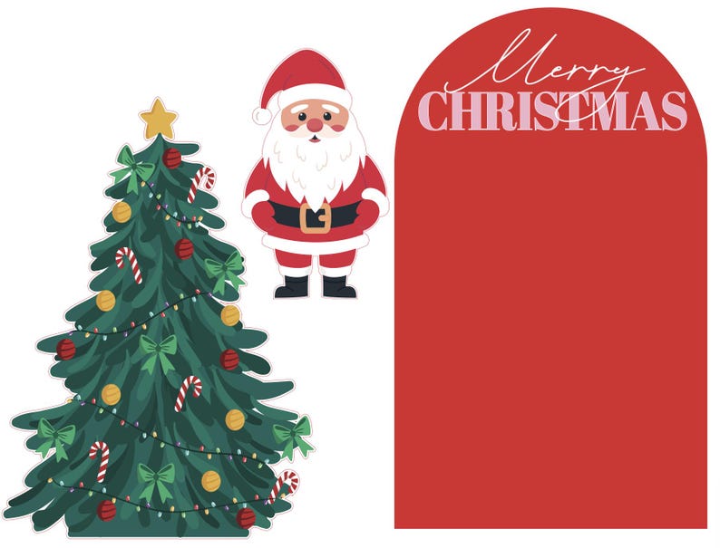 May include: A festive Christmas-themed illustration featuring a decorated green Christmas tree with ornaments, bows, and candy canes. A cartoon Santa Claus stands nearby. A red arch displays the words "Merry Christmas" in white and pink.