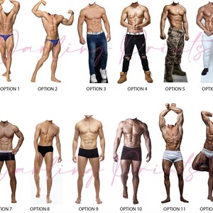 May include: Twelve different cutout images of shirtless muscular men in various poses. Each image has a white background and the option number is listed below each image.